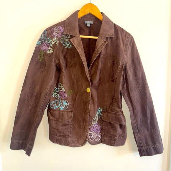J Jill Brown Canvas Embroidered One Button Jacket Floral Purple Blue Small - Picture 1 of 11